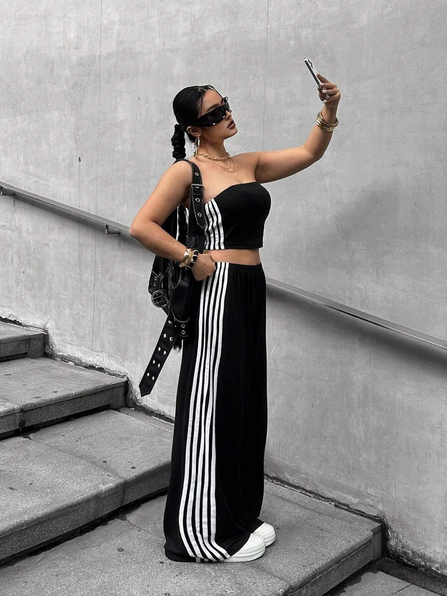 POPSWAY Plus Size Women Casual Tube Top And Striped Pants 2 Pieces Set - Black - View 1