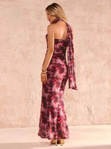 Glamine 网纱印花露背优雅度假风显瘦腰身女士中长连衣裙 - 黑色 - 查看 1