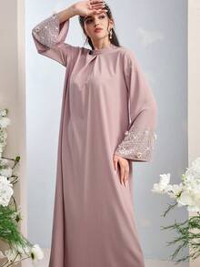 Al Najma 女士立领插肩喇叭袖宽松土耳其长款连衣裙，阿拉伯传统风格 - 粉色 - 查看 4