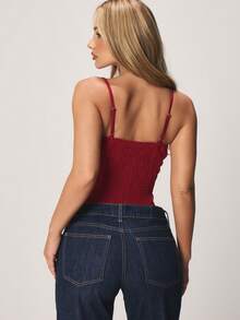 MISSGUIDED Áo hai dây corset hai lớp bằng vải lưới màu đỏ tía, có phần lưng nhún bèo, cổ áo hình trái tim, thích hợp cho các buổi tiệc tối mùa hè. - Đỏ - Xem 2