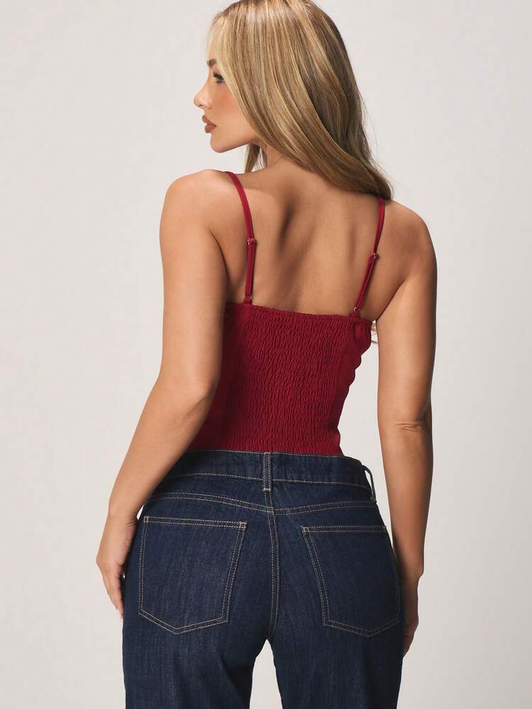 MISSGUIDED Burgundy Mesh Double Layer Shirred Back Structured Corset Camisole Tank Top With Sweetheart Neckline For Summer Evening Parties