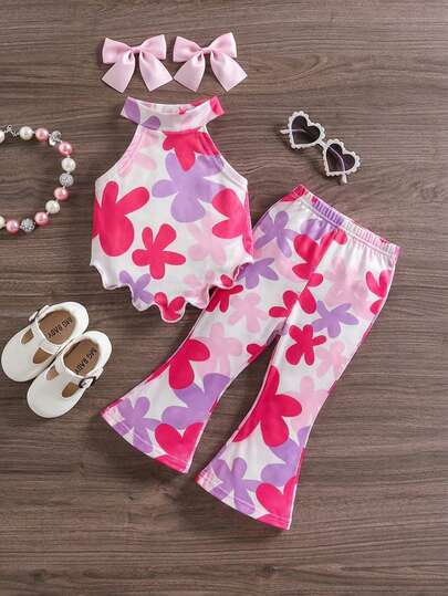 SHEIN Baby Girl Floral Pattern Ruffle Trim Sleeveless Casual Summer Comfortable 2 Pieces Set