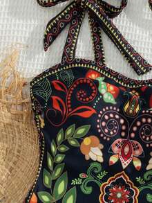 Bonvoyette 女士春夏沙滩音乐节印花系带度假风成熟高腰吊带泳衣套装 - 彩色 - 查看 3