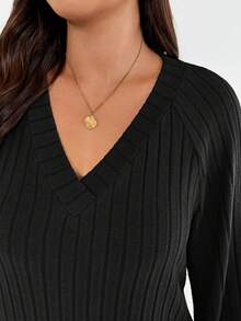 Shapeblank 大码女装秋冬时尚休闲宽松舒适日常百搭修身深棕色磨毛保暖面料V领长袖中长连衣裙，秋季穿搭，简约风格，棕色连衣裙 - 黑色 - 查看 5