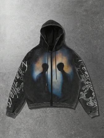 Felpa con cappuccio casual e alla moda da uomo, con stampa a lettere a immagine termica, lavata, con chiusura lampo e coulisse