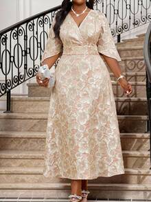 Fleurora Đầm tay ngắn cổ chữ V họa tiết hoa cỡ lớn - Bụi hồng - Xem 1