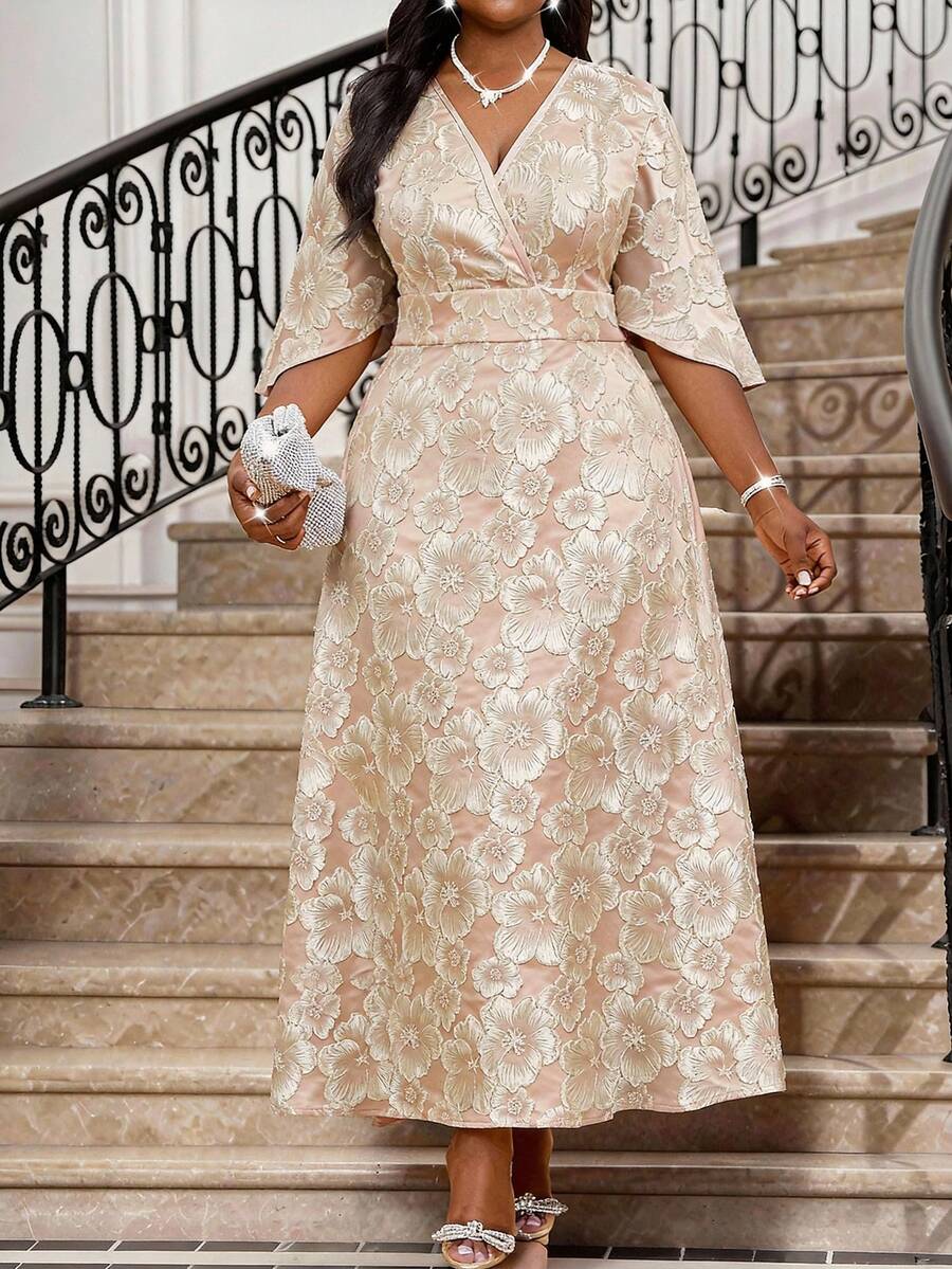 Fleurora Đầm tay ngắn cổ chữ V họa tiết hoa cỡ lớn - Bụi hồng - Xem 1