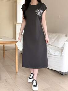 Teen Girl Round Neck Casual Versatile Daily New York Graphic Print Dress - Dark Grey - View 4