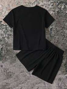 BATMAN X SHEIN 85th Young Boy Casual Everyday Commute Fashionable Street Cartoon Hero Print Short Sleeve T-Shirt And Shorts Set, Summer - Black - View 2