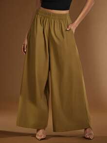 Hauture Pantaloni damă cu talie elastică, model minimalist simplu și croială lată, super drăguță - Kaki - Vizualizare 2