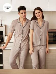 CoupledUp Men's Khaki Collar Black Stripe Trim Super Soft Draping Knit Fabric Short Sleeve Top And Pants, Casual Couple Loungewear/Sleepwear Set - Khaki - View 7