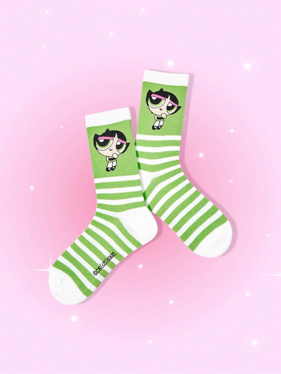 THE POWERPUFF GIRLS X SHEIN 1双女式条纹和毛茛图案可爱中筒袜 - 綠色 - 查看 1