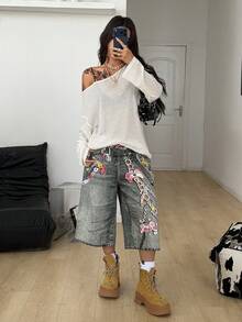 Coolane 女士春季哥特颓废风 Y2K 丘比特图案舒适不对称领口露肩长袖T恤，X Rafael Machado - 白色 - 查看 4