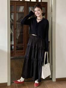 Dazy Plus 纯色休闲拼接荷叶边A字裙，百搭黑色 - 黑色 - 查看 5