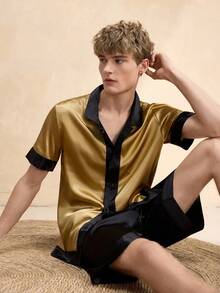 EverLounge 男士缎面撞色领口睡衣套装，舒适优雅，秋季睡衣 - 彩色 - 查看 1