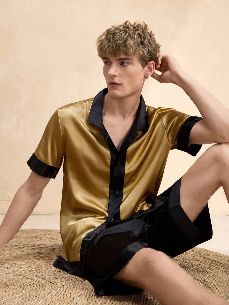 EverLounge 男士缎面撞色领口睡衣套装，舒适优雅，秋季睡衣 - 彩色 - 查看 1