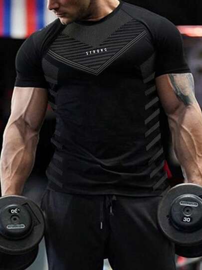 Manfinity Sport PWRUP Boyfriend Style Men Letter Graphic Raglan Sleeve Sports Tee  Workout Tops , Compression , Holographic , Plain , Exercise , Reflective Workout Tops Compression Shirt  Breathable