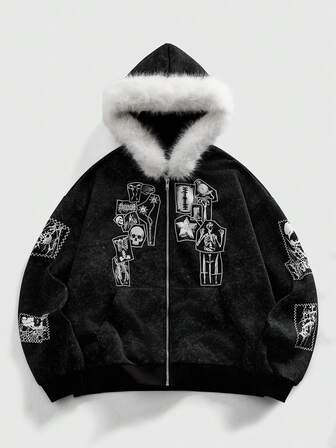 Goth Sweat-shirt à capuche décontracté pour hommes avec impression de squelette et col en fourrure, fermeture éclair devant