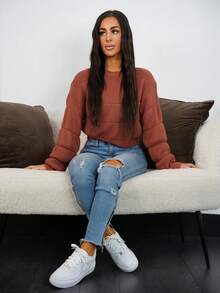 SAYEHFBABY Ribbed Knit Solid Crop Sweater,Long Sleeve Tops Knit Pullover Fall Winter Outfit - Redwood - View 5