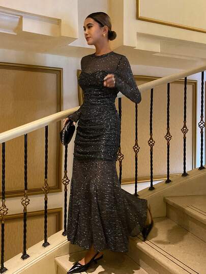 DAZY Women's Elegant Ruched Waist Sparkly Round Neck Long Sleeve Dress, Suitable For Parties And Events