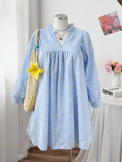 Sweetra Abito a-line elegante e carino con stampa retrò a quadri e margherite, adatto per la scuola, le vacanze, la primavera/estate, taglie comode