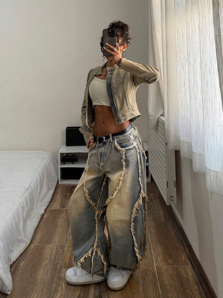 StreetHx Women's Loose Fit Pockets Frayed Hem Wide Leg Casual Jeans - Multicolor - View 1