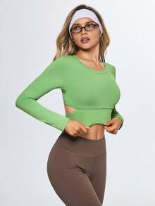 SHEIN Sports 女款萊姆綠長袖短版上衣，夏季性感露背綁帶健身T恤，彈性運動瑜伽衫，健身裹身襯衫，運動服飾 - 綠色 - 查看 6