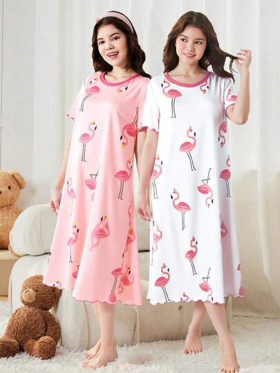 2pcs Teen Girls Multi-Color Flamingo Comfy Casual Sleepwear Dress, Minimalist Design For Easy Matching, Stretchy And Breathable Knit Fabric, Machine Washable, Comfortable Fit And Easy Care (Sold Separately),Summer,Travel