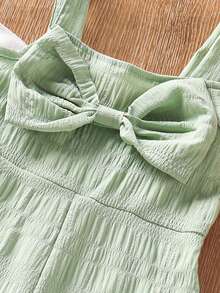 Genkimix Kids 夏季新款女童休闲度假清新格纹面料蝴蝶结肩带松紧腰连体裤 - 綠色 - 查看 6