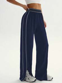 Dewbera Women's Loose Fit Straight Leg Sweatpants With Pockets, Waistband Contrast Stripe, High Stretch Elastic Waist, Suitable For Daily Casual Wear, Running, Yoga, Gym, Tennis, Golf, Autumn/Winter - Navy Blue - View 4