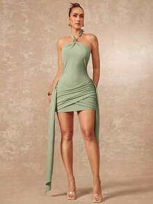 Lumalex 金属吊带系带褶皱荷叶边紧身迷你连衣裙，性感女装 - 綠色 - 查看 11