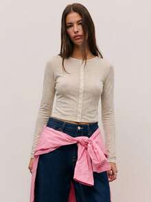 Nöista 女士纯色针织长袖半透明圆领上衣。轻盈优雅，适合日常穿着、休闲装扮、外出造型以及情人节穿搭。 - 米色 - 查看 8