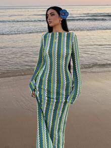 AfricaSnchz Textured Stripe Knit Flared Maxi Dress Spring Summer Vacation Boho Ibiza Elegant Beach Cute The Beach House Festival Wedding Guest, Elegant, Birthday Christmas, Halloween, Fall, Winter Fall Winter Wedding Guest - Multicolor - View 5