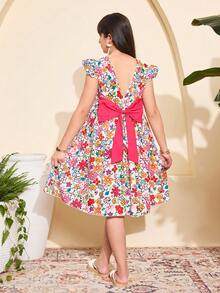Sparklyn Girls' Elegant Floral V-Neck Backless Butterfly Sleeve Dress - Multicolor - View 8