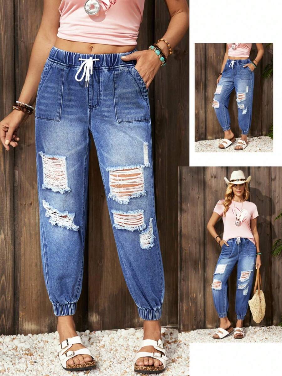 EMERY ROSE Women's Drawstring Waist Pocket Distressed Casual Jogger Jeans Winter New Year - Medium Wash - View 1