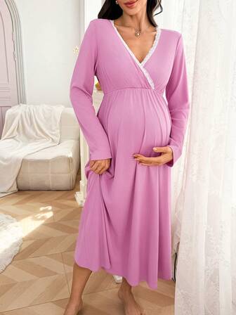 Moonlight & Mama Contrast Color Lace Patchwork V-Neck Elastic Waist Maternity Long Sleeve Dress Nightgown