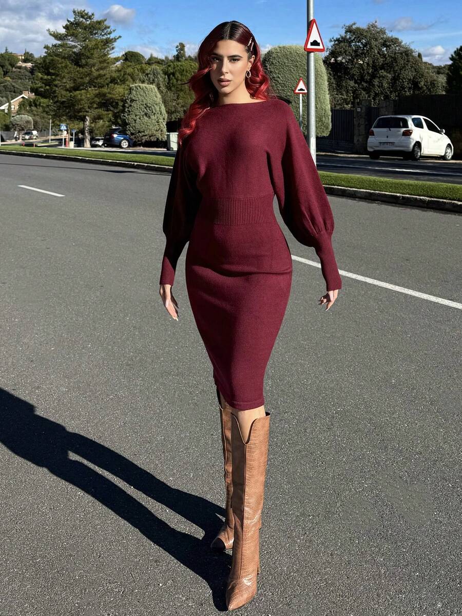 蝙蝠袖毛衣洋裝 - 酒紅色 - 查看 1