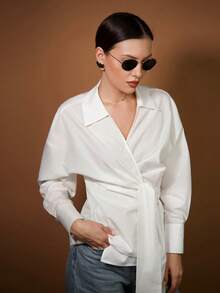 Ontre 简约舒适都市时尚风格，宽松版型，系带前襟，长袖，象牙白，女士衬衫，女士上衣，四季皆宜，适合返校、商务休闲、通勤等场合，2026春夏新品 - 白色 - 查看 7