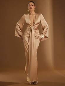 Hauture 女士低领长袖金色香槟色缎面长裙 - 棕色 - 查看 5