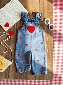 SHEIN Vintaside Kids 1pc Baby Girl Blue Denim Casual Cute Embroidered Floral Strap Denim Jumpsuit, Suitable For Outings And Parties