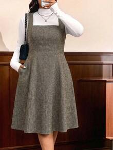 Auvina Plus Size Women Casual Versatile Vacation Bib Overall Dress, Autumn/Winter - Brown - View 5