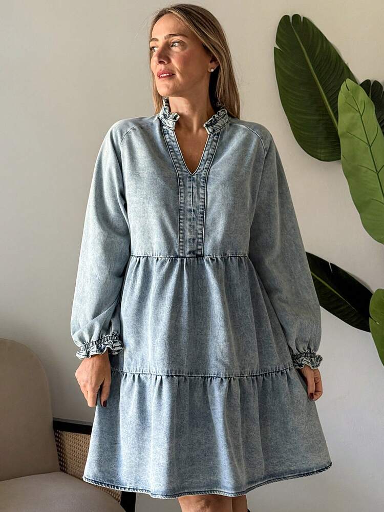 Women's Raglan Sleeve V-Neck A-Line Denim Dress Vacation
