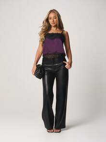 MISSGUIDED Purple Lace Trim Asymmetric Camisole Top With Delicate Black Lace Detailing And Adjustable Spaghetti Straps For Evening Occasions - Purple - View 3