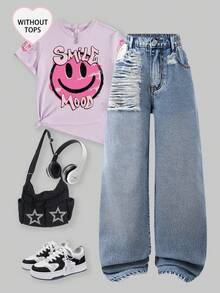 SHEIN 少女款破洞宽松阔腿休闲牛仔裤，复古美式风格 - 中等水洗藍 - 查看 1