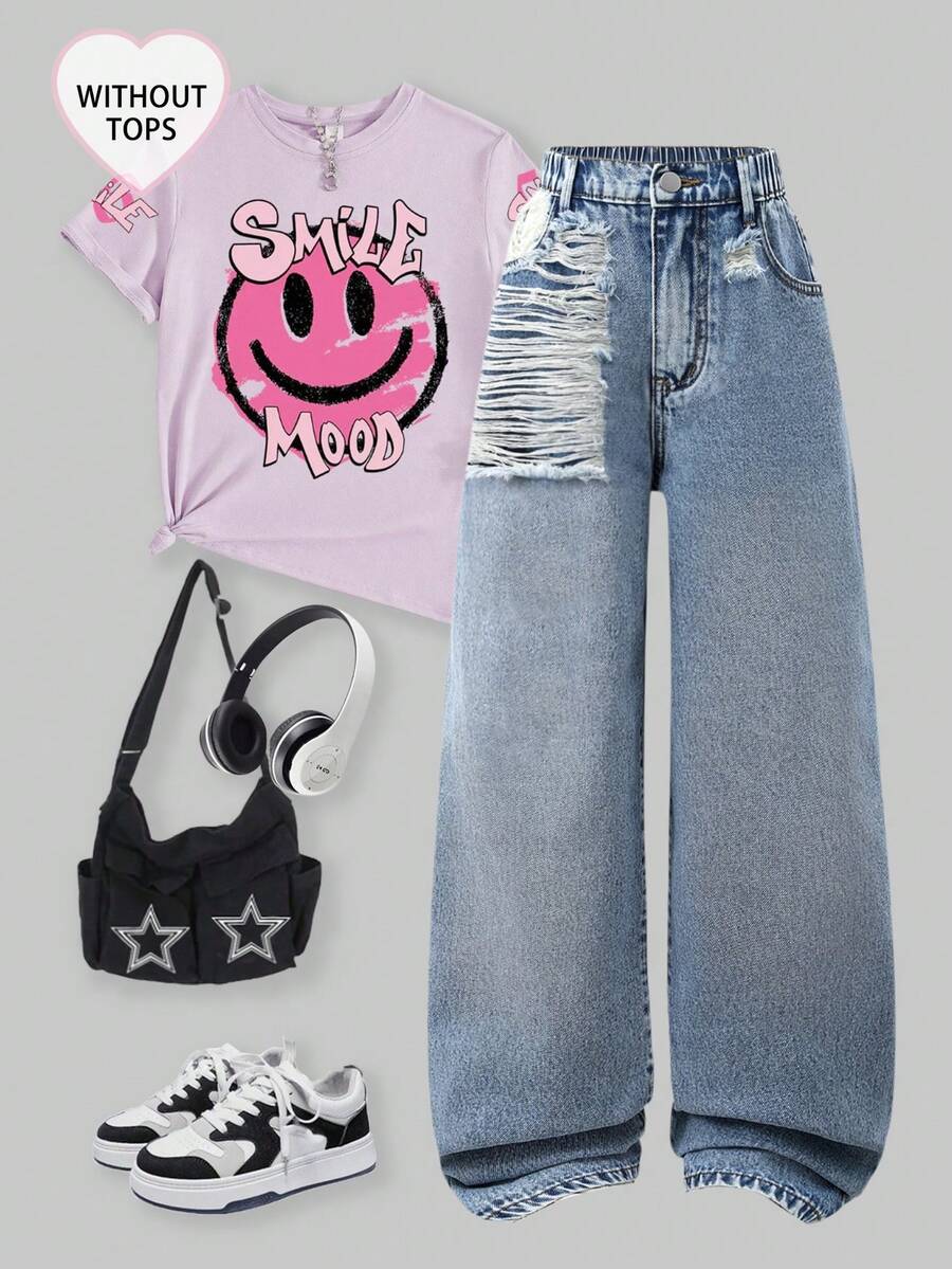 SHEIN 少女款破洞宽松阔腿休闲牛仔裤，复古美式风格 - 中等水洗藍 - 查看 1