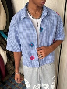 Manfinity Roghcode Men's Blue & White Plaid Embroidered Short Sleeve Shirt Summer Button Up Graphic Button Up Light Blue Graphic Shirt Blue Button Up Y2k Button Up - Blue - View 4