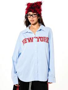 SUMWON WOMEN New York Print Striped Button Front Oversized Long Sleeve Shirt With City Name Graphics And Statue Of Liberty Back Design Casual Collared Top - Blue and White - View 1