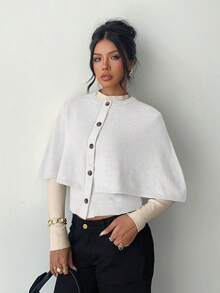 Elenzga Women's Poncho Button Elegant Batwing Knit Cardigan Sweater - White - View 3