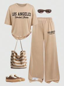 Girlism 2 pièces/Set T-shirt ample à col rond imprimé de lettres kaki et pantalon large en tricot pour adolescentes. Tenue décontractée de style sportif et de rue, confortable.