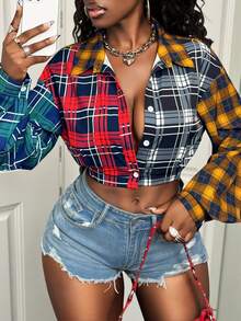 Mistrie Chaqueta casual de estilo sexy con cuello de camisa y estampado a cuadros en contraste